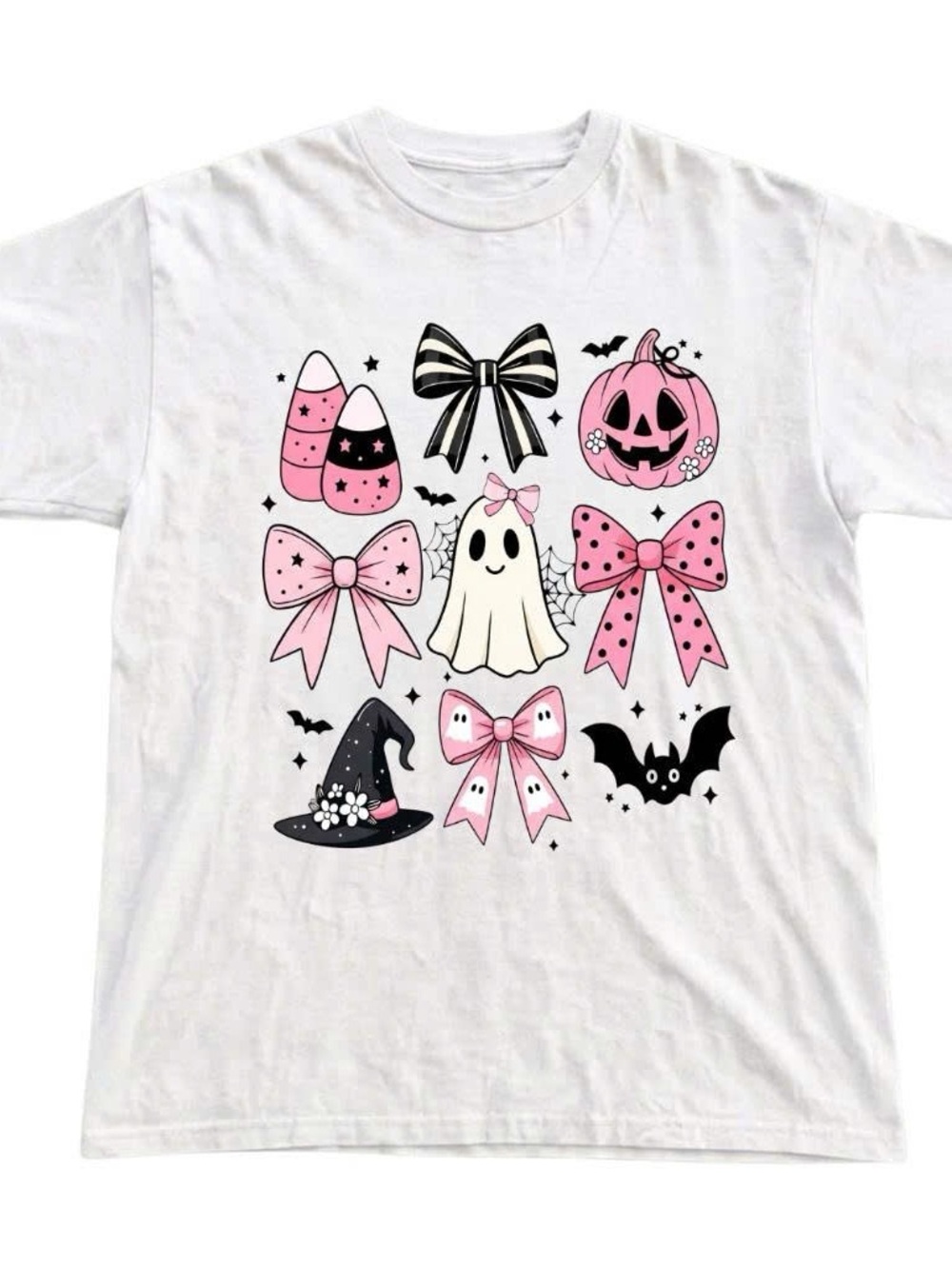 Gildan White Halloween Tee with Pink & Black Ghost and Bow Graphics